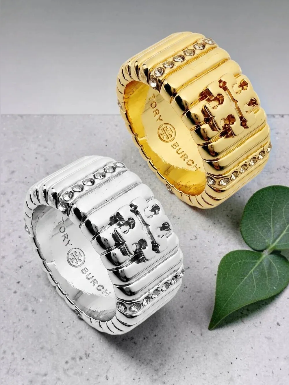 Tory Burch Crystal Textured Pavé Logo Ring - Gold or Silver